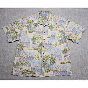 Bermuda Bay Shirt Mens XL Blue Flamingo Palm Tree Hawaiian Silk Aloha Camp